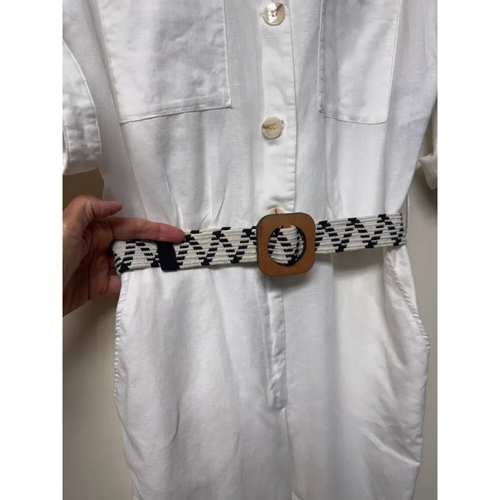 NWOT - ZARA Linen/Cotton Blend Belted Jumpsuit, Zip Fly, Roll Tab Sleeves, Sz S